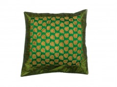 JAIPURI CUSHION COVER PILLOW CASE FLORAL DESIGN SILK FABRIC GREEN COLOR SIZE 17x17 INCH